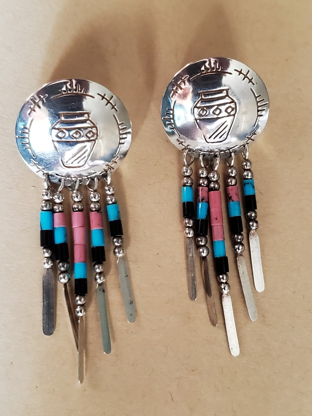 Vintage Sterling Siver, Signed "TK" Concho Earrings With Pink & BLue Beads